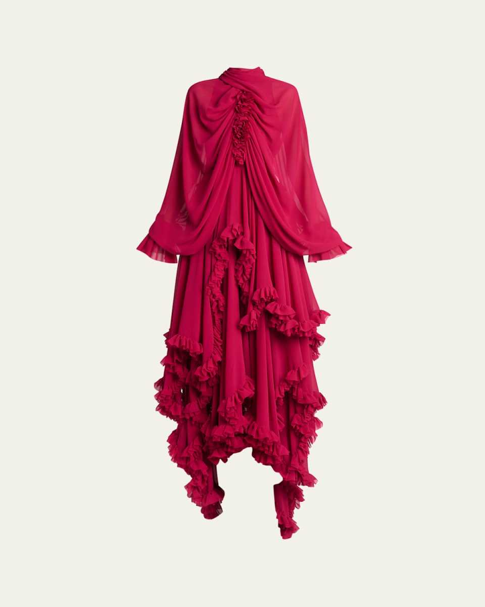 Draped Open-Back Ruffle Cape Gown